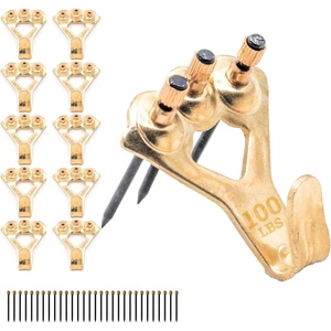 image:imagePHS 100 lb Brass Picture Hanging Hooks with Nails 10 Pack  Heavy duty picture hangers mirror mounting hardware hardened blue steel nails drywall and plaster walls10 Pack